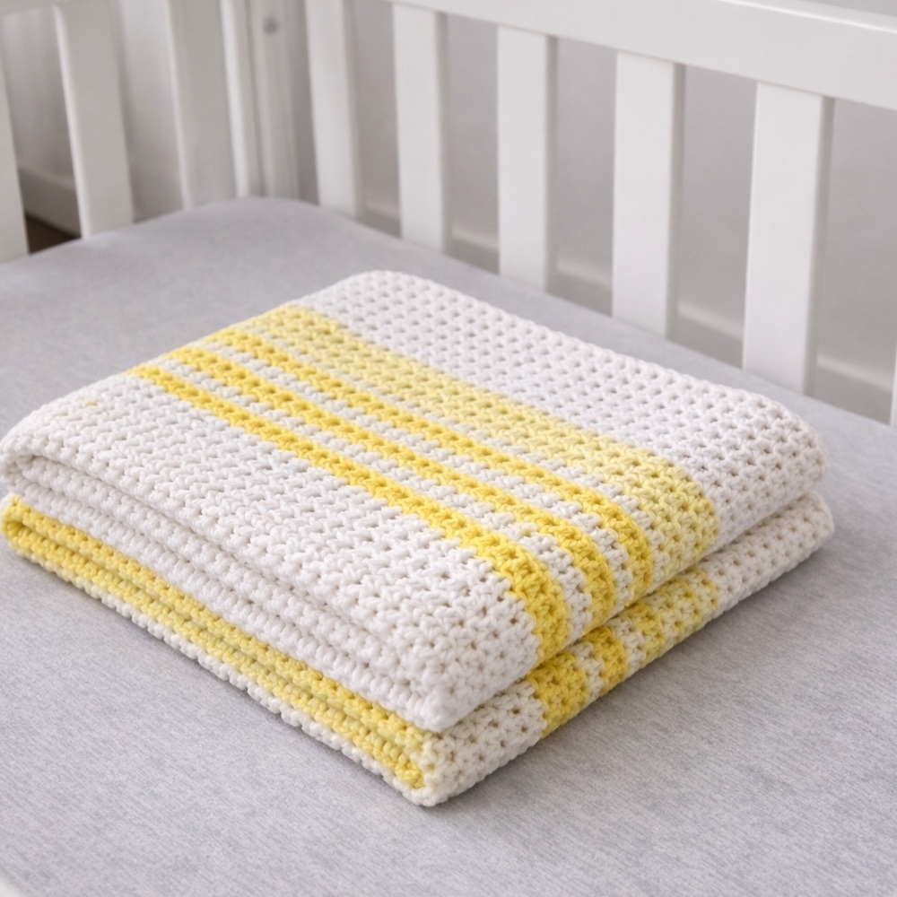 Handmade Baby Crochet Blanket White Yellow Striped Soft Knit Crib